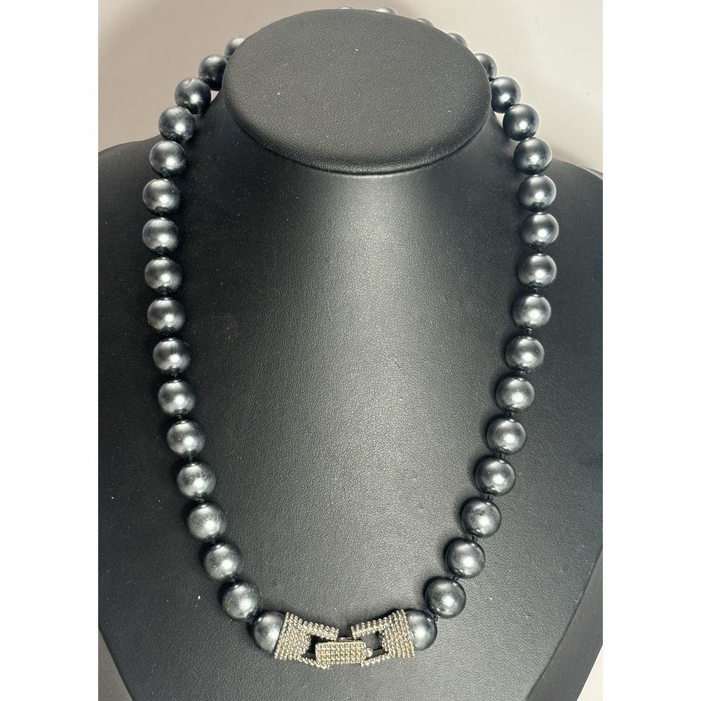 Vintage Glass Faux Pearl Necklace Knotted 18" Gunmetal Gray Statement